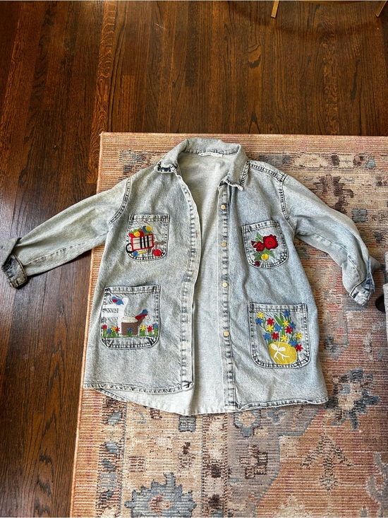 Jackets & Blazers - Denim Women's Embroidered Jacket - Light Blue with Colorful Pockets